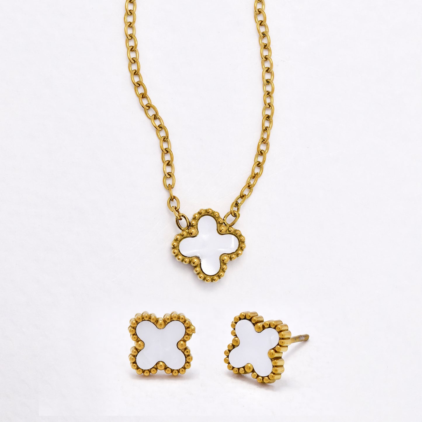 SSYST6559 - St Steel 40cm + 5cm small four-leaf clover necklace & earring set