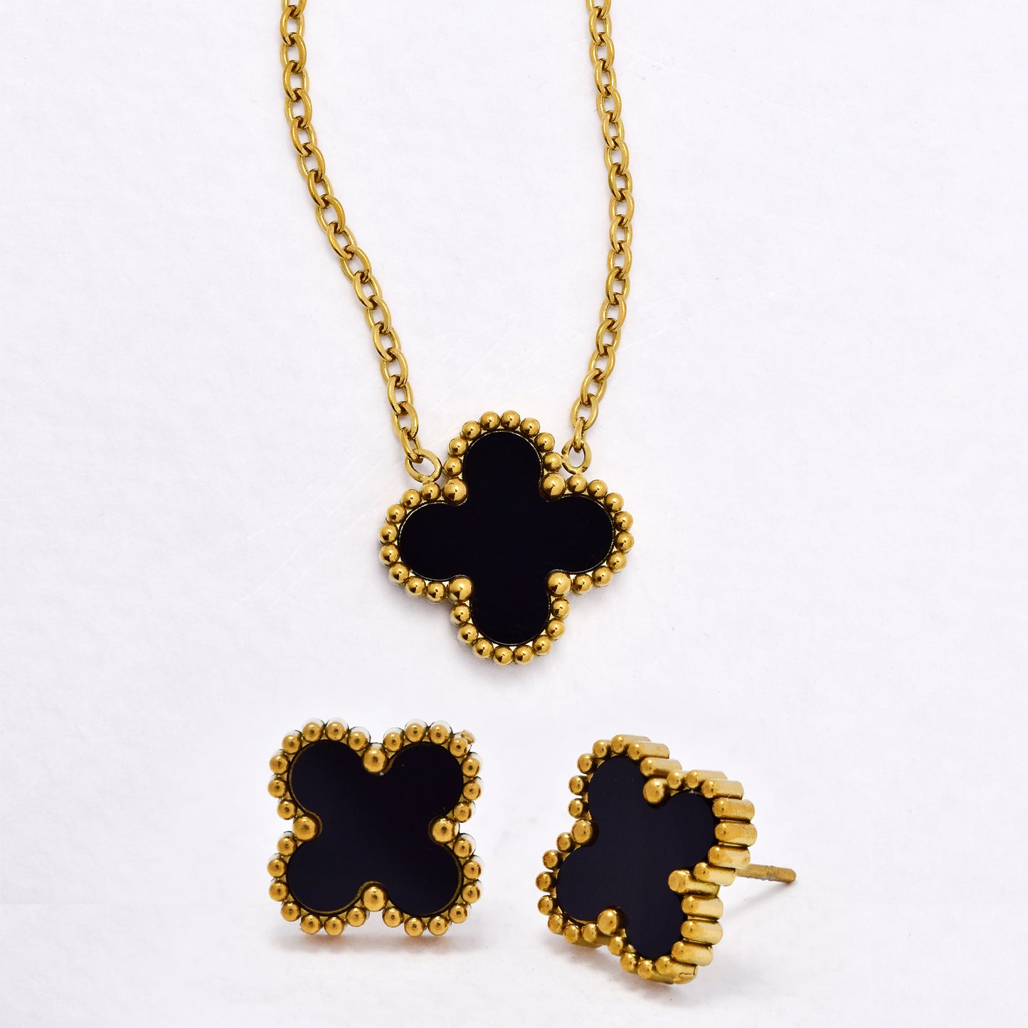 SSYST6561 - St Steel 40cm + 5cm medium four-leaf clover necklace & earring set