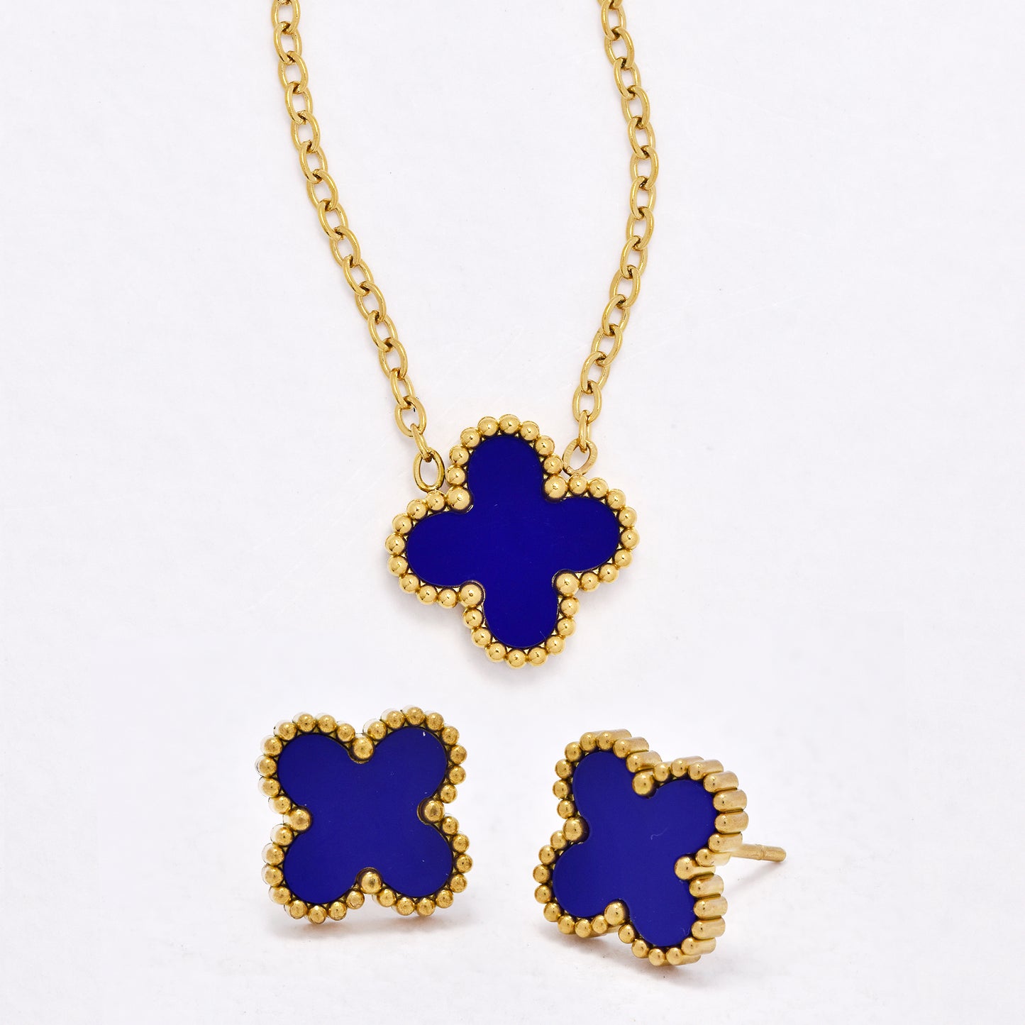 SSYST6561 - St Steel 40cm + 5cm medium four-leaf clover necklace & earring set
