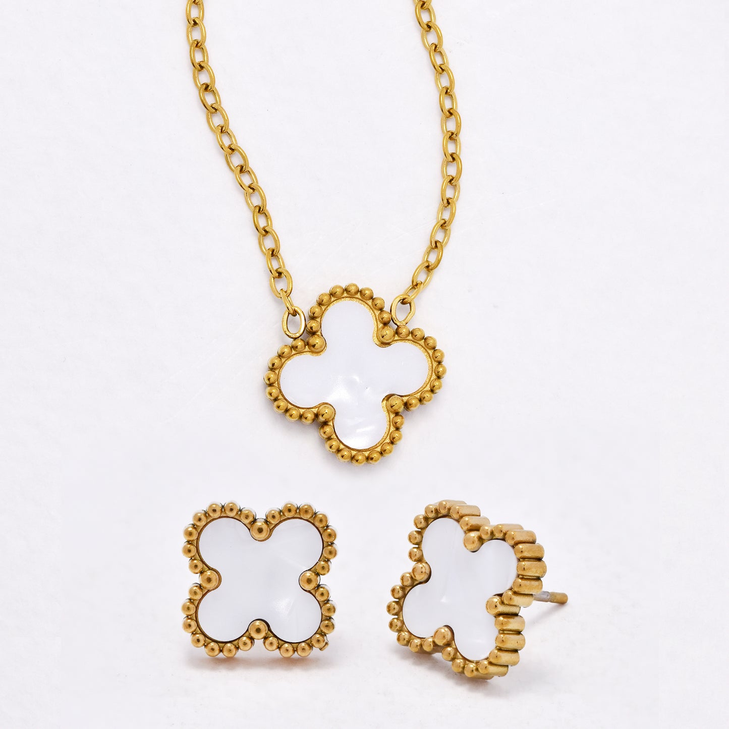 SSYST6561 - St Steel 40cm + 5cm medium four-leaf clover necklace & earring set