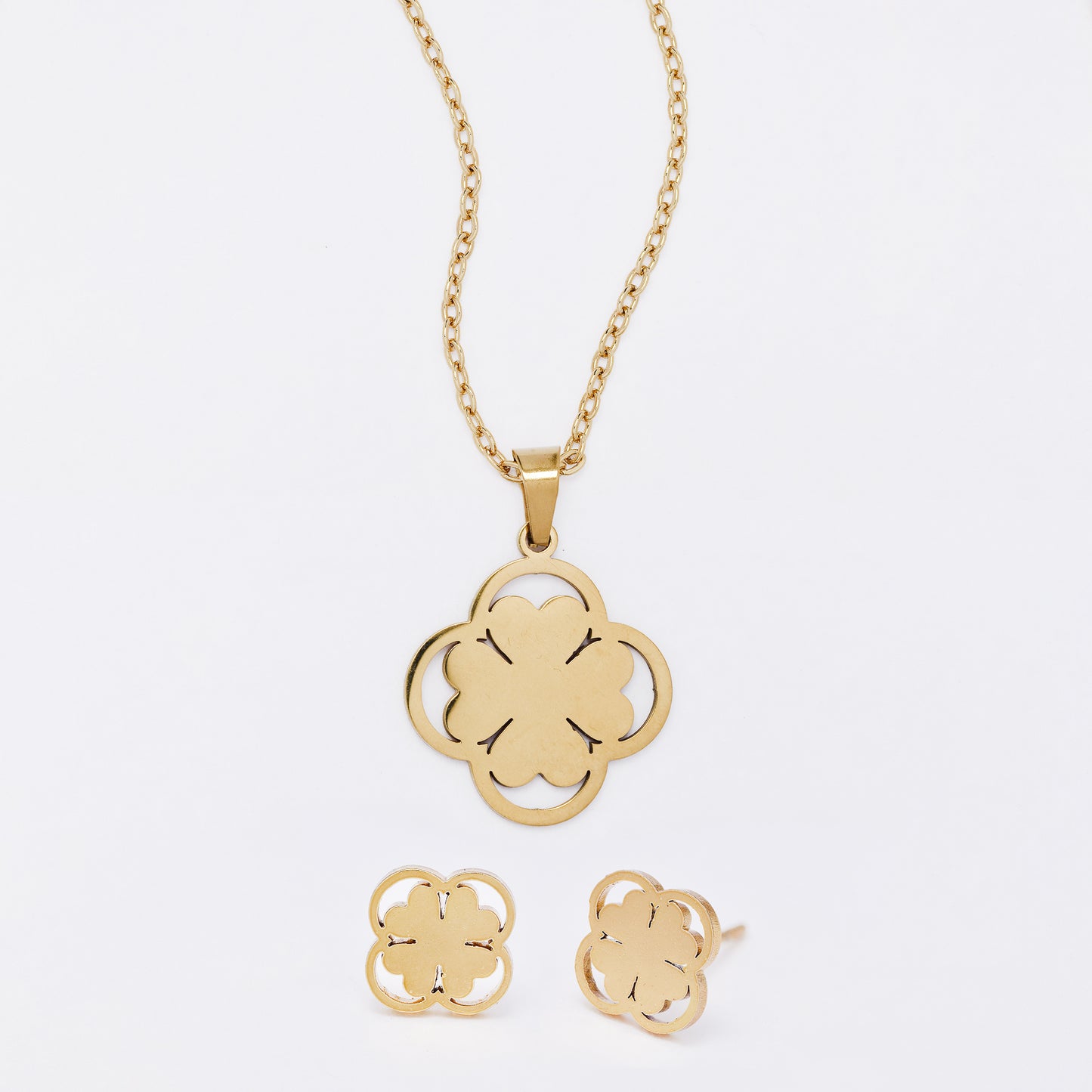 SSYST7414 - Steel 44cm four-leaf clover necklace & earring set