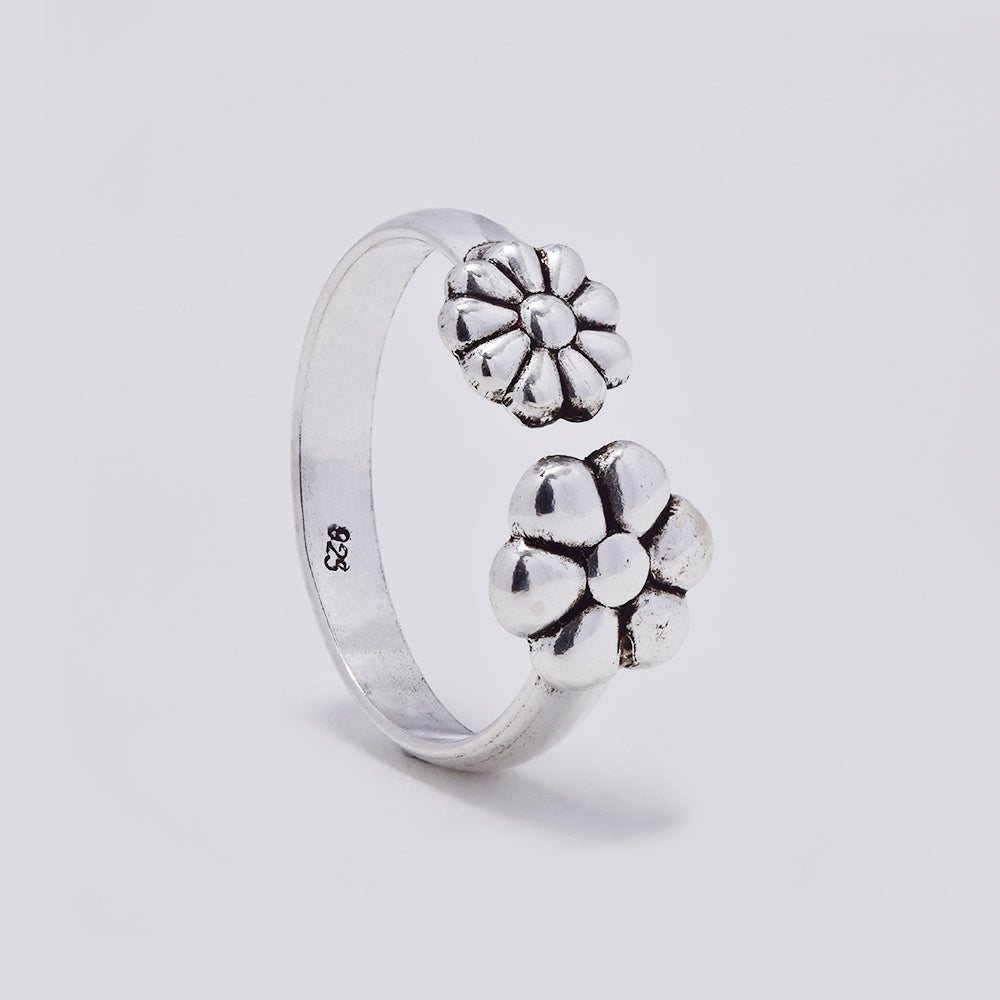 925 Silver double flower toe ring - STR1073