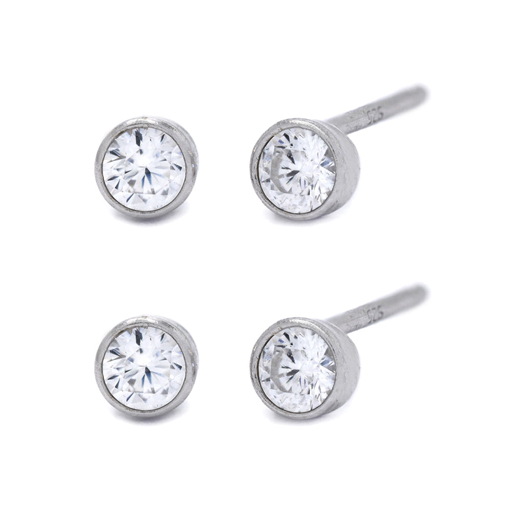 STUD3TUBE - 2 Pack 925 Silver 3mm round cubic zirconia tube stud earrings