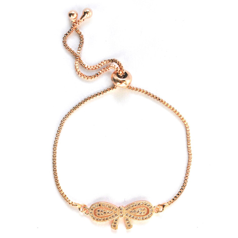 Premium fashion rose gold plated cubic zirconia bow slide adjustable bracelet