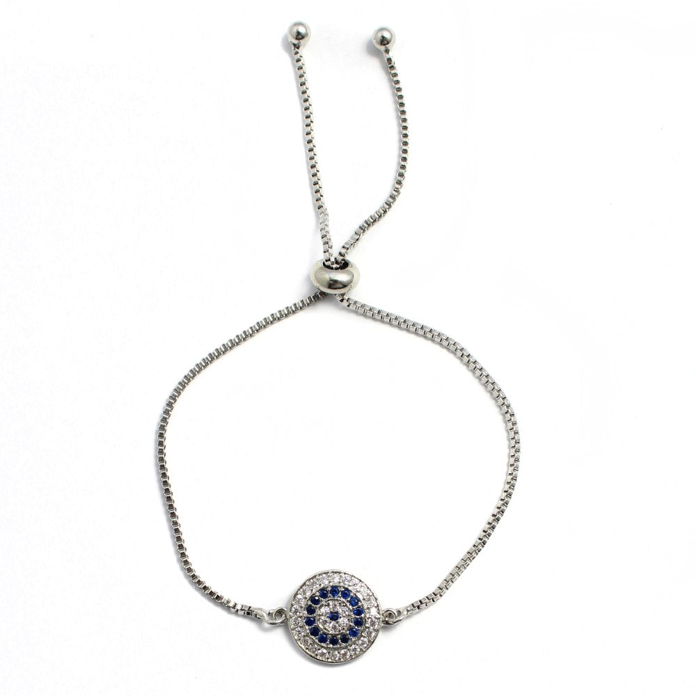 VB468 - Premium brass rhodium blue cubic zirconia circle slide adjustable bracelet