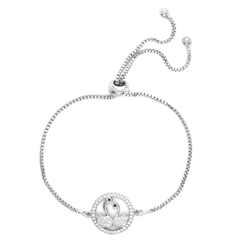 Premium cubic zirconia kissing swans silver plated slide adjustable bracelet
