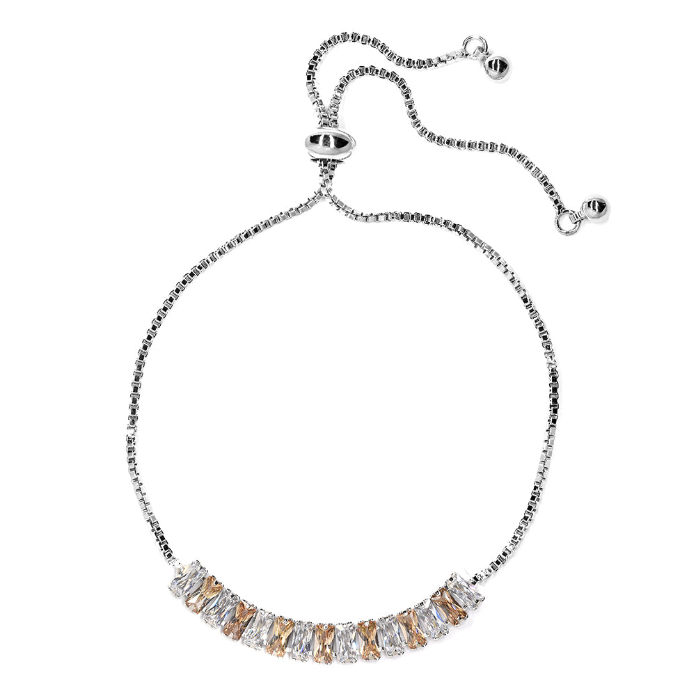 Premium baguette cubic zirconia champagne and clear silver slide adjustable bracelet