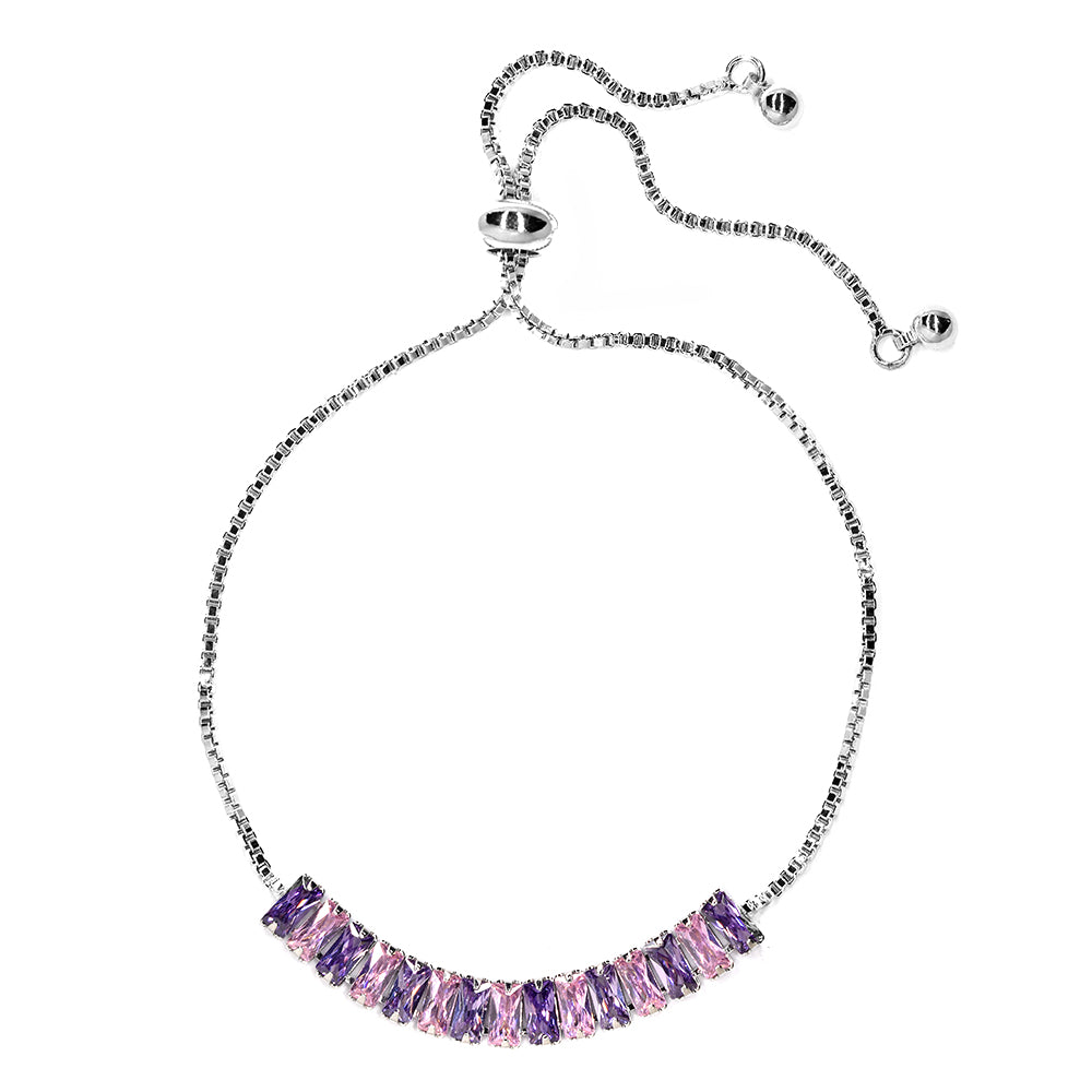 Premium baguette cubic zirconia purple silver slide adjustable bracelet