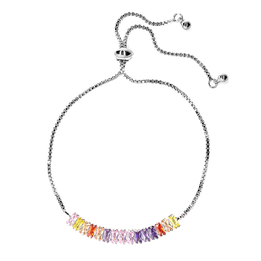 Premium baguette cubic zirconia multi colour silver slide adjustable bracelet