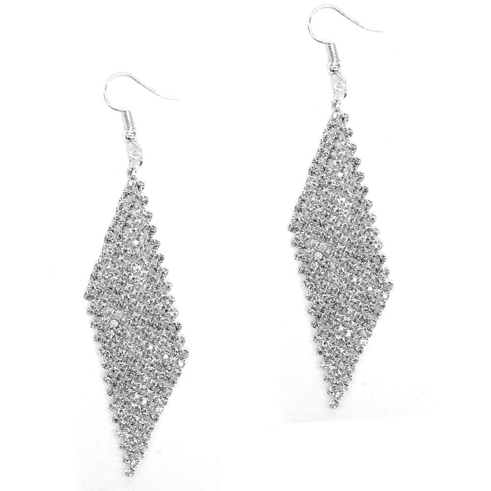 Fashion cascading crystal 95mm x 30mm diamond shaped silver hanging earring - VE157