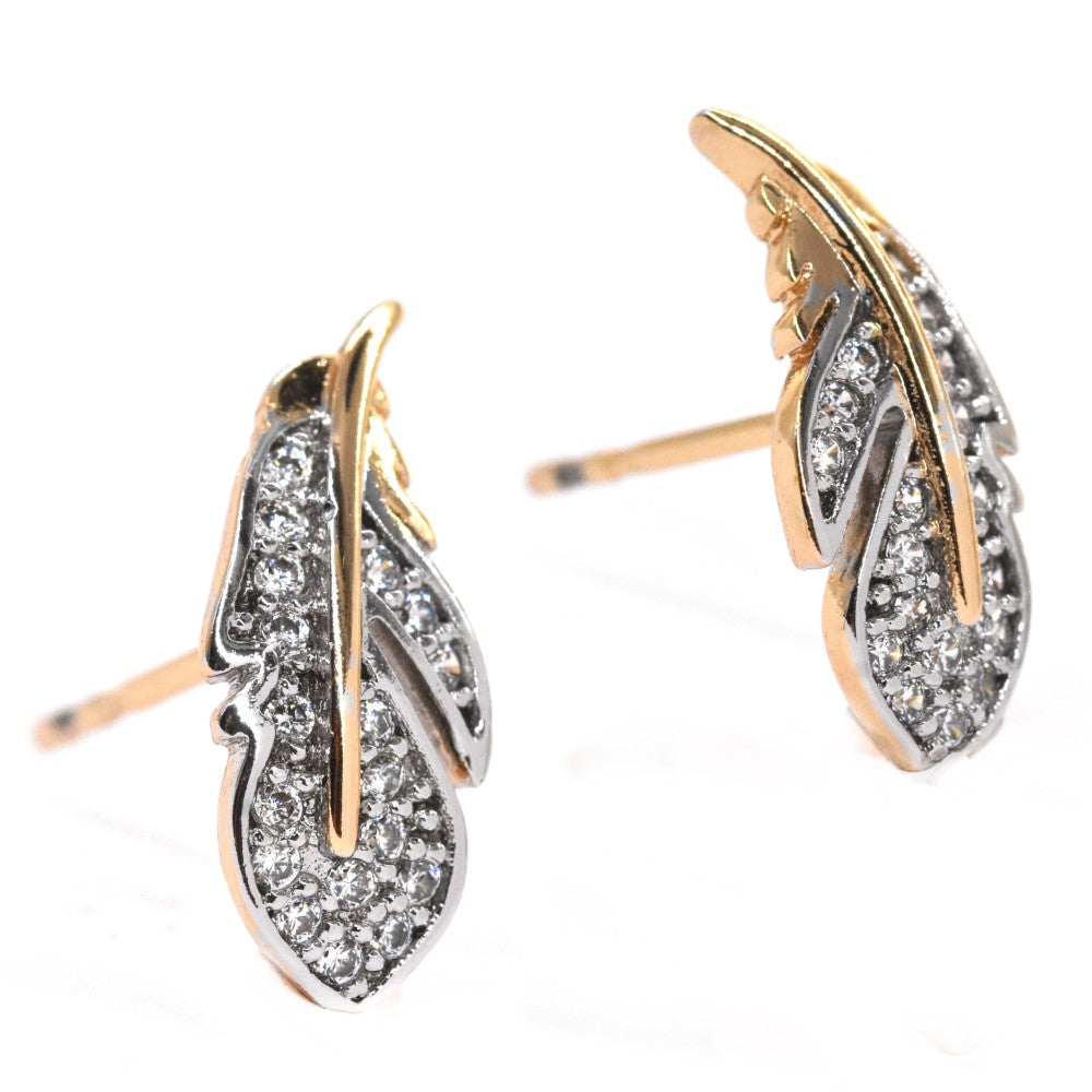 Premium two tone CZ feather stud earring