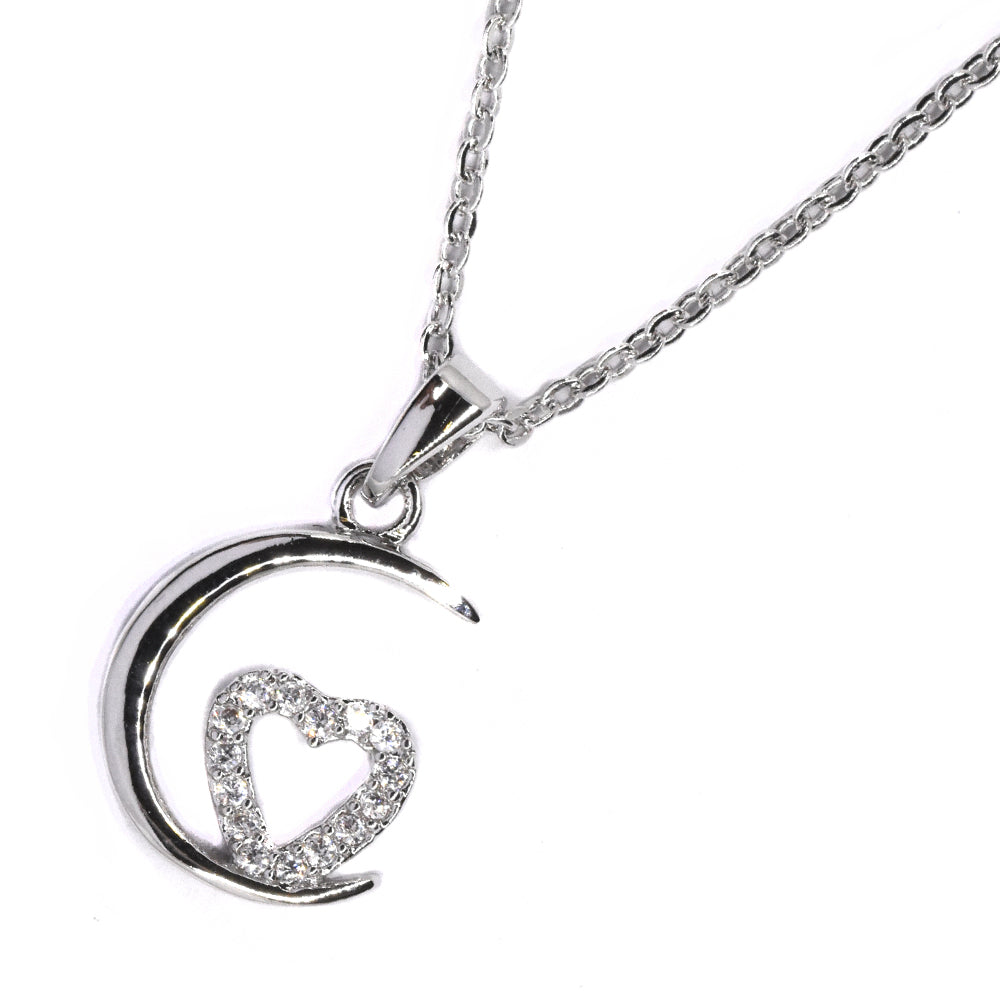 Premium plated cubic zirconia crescent moon and heart pendant necklace