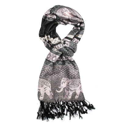 Geometric and elephant design scarf with find thread tassels.