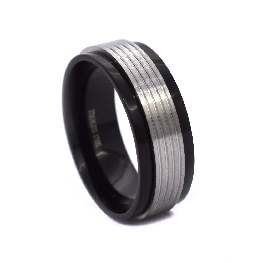 Stainless steel two-toned fidget striped ring - XSR007