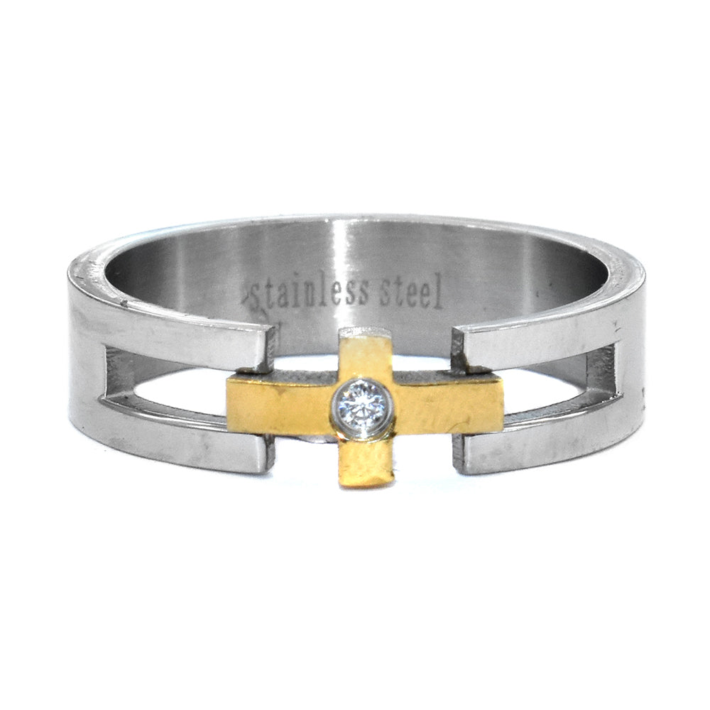 Stainless steel two tone cross Cubic Zirconia ring Size: W - XSR140