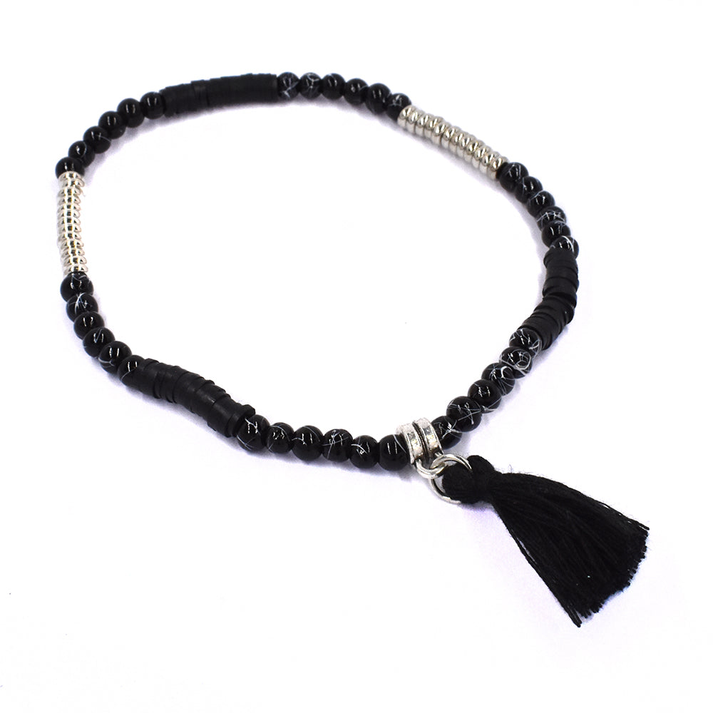 Fashion black bead and silver disc tassel bracelet - YB1299-3