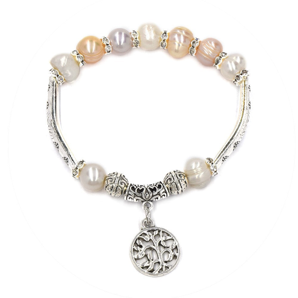 Freshwater pearl stretch tree of life charm bracelet - YB4205