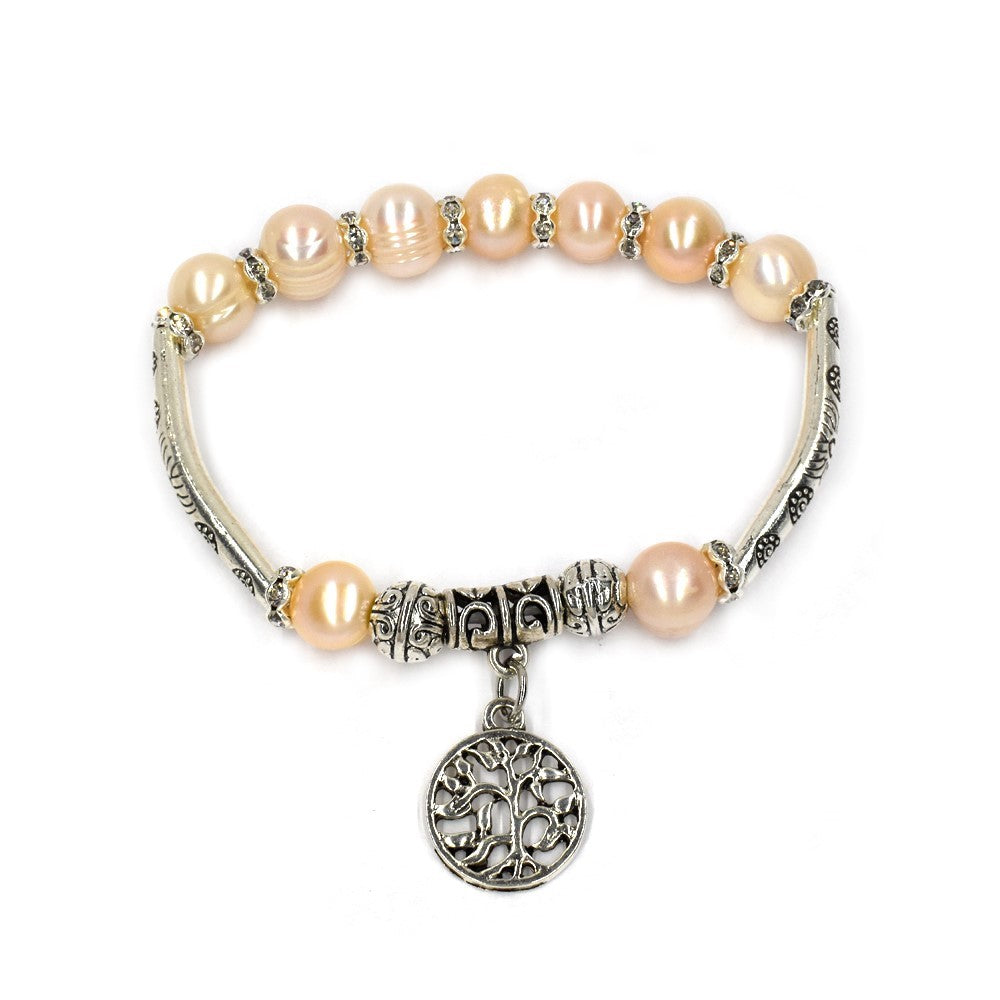Freshwater pearl stretch tree of life charm bracelet - YB4205
