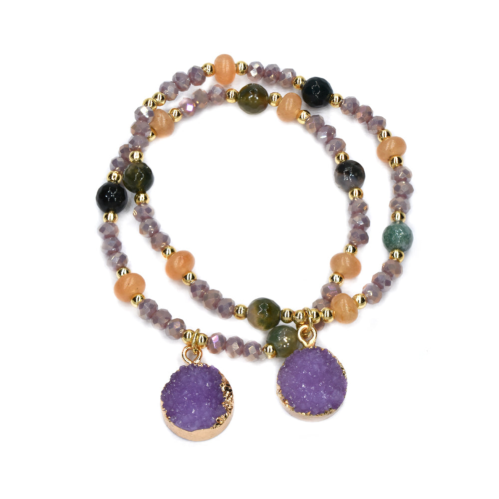 2 Pack fashion mixed beaded bracelet with round glitter charm - YB4432