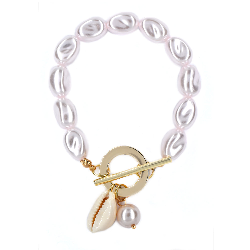 T bar pearl and shell charm bracelet