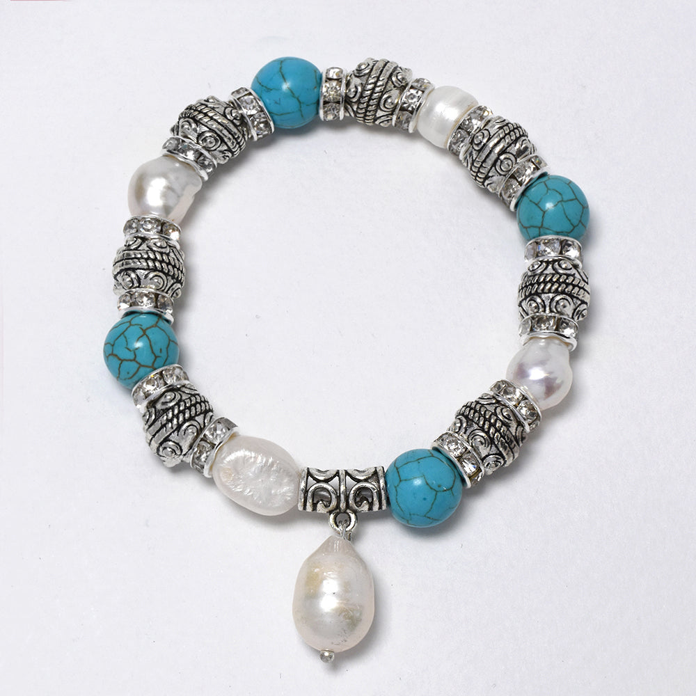 Freshwater pearl white 8mm with turquoise beads filigree stretch bracelet - YB4787