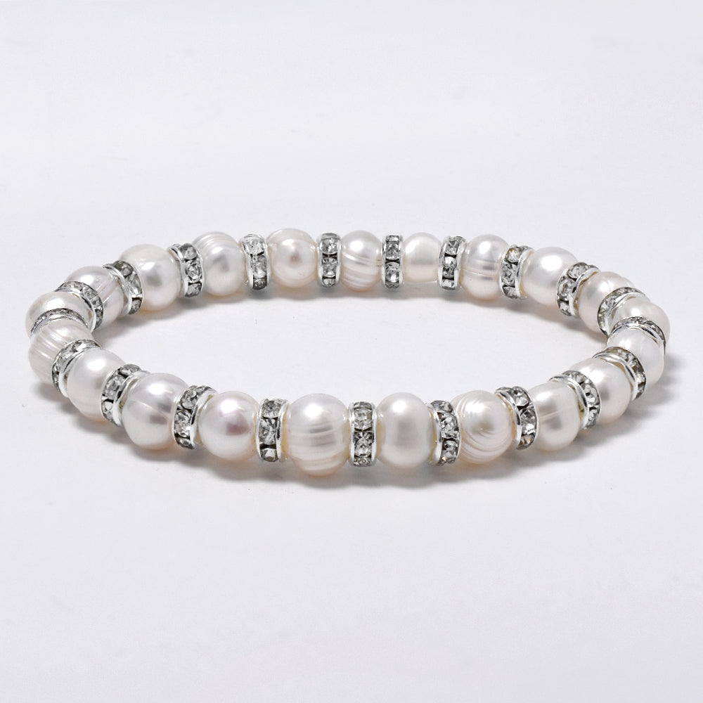 Freshwater pearl white 8mm with crystal stretch bracelet - YB4789
