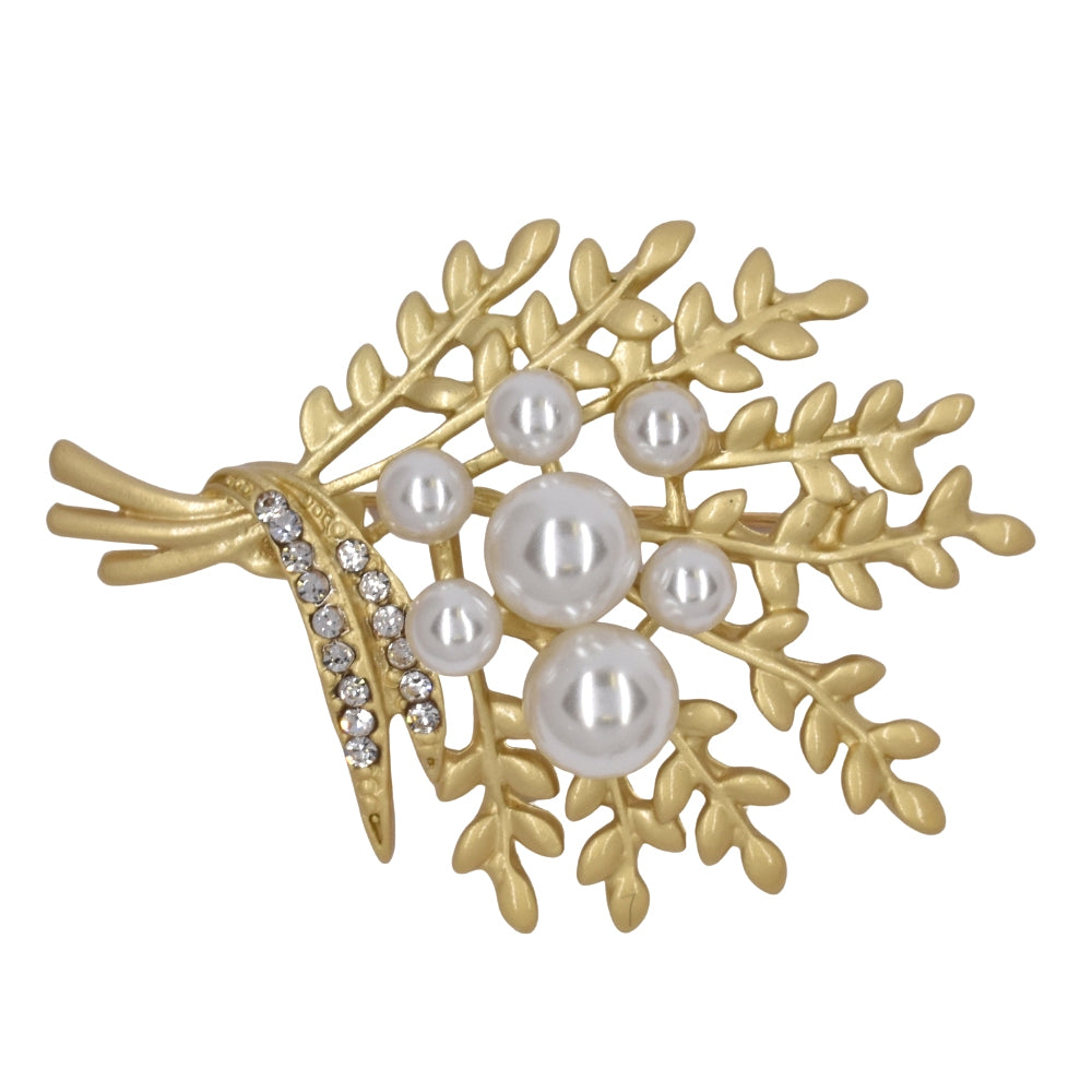 Fashion gold plated matte leafy bouquet crystal and pearl brooch - YBR1468