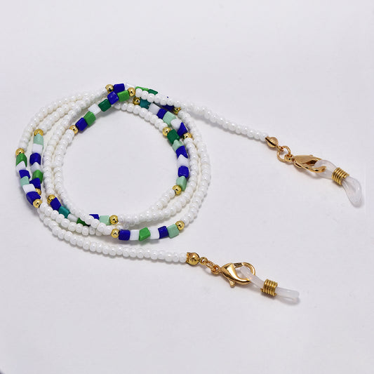 Blue green square and white seed bead sunglasses chain