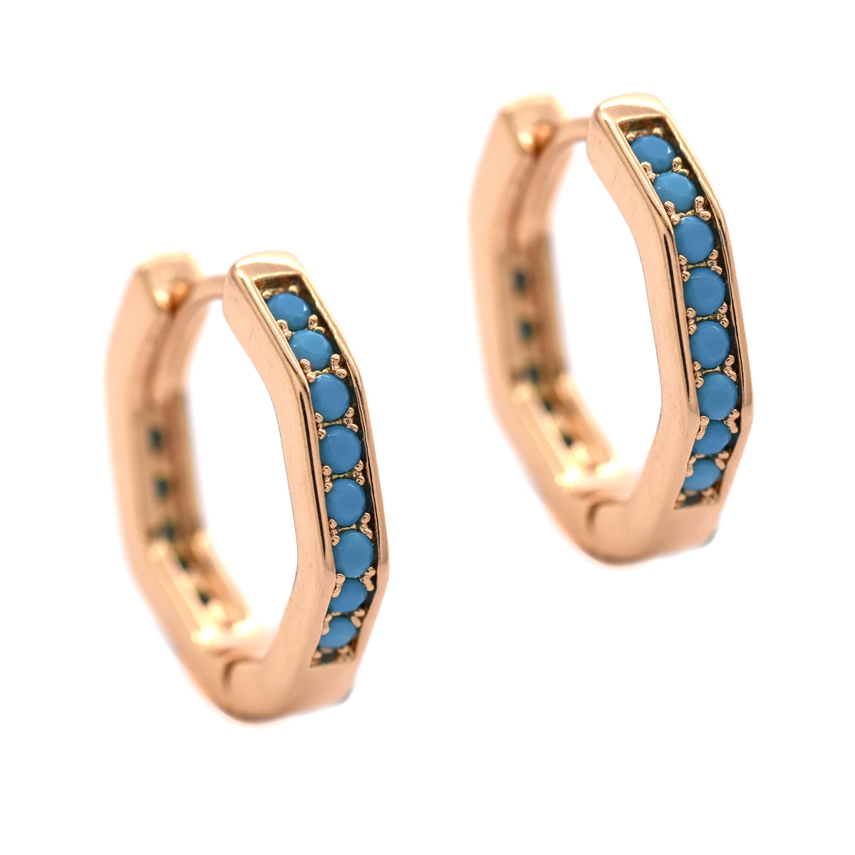 PYE3564 - Brass rose gold hexagon turquoise stone huggie earrings