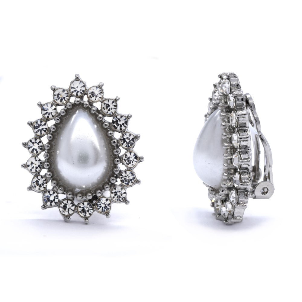 Silver teardrop pearl halo clip on earring - YE4028