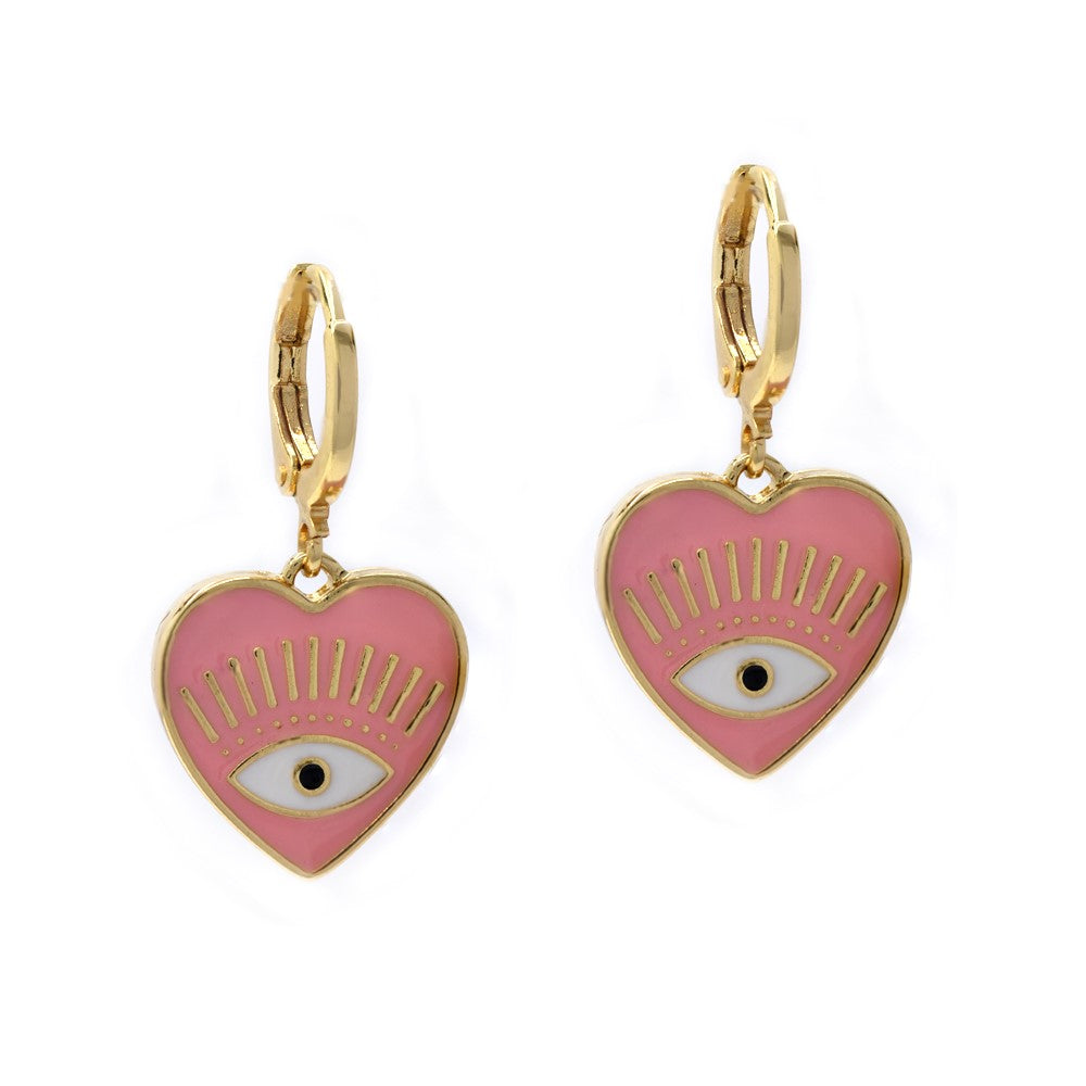 Pink heart and eye hinged huggie fashion earring - YE4363