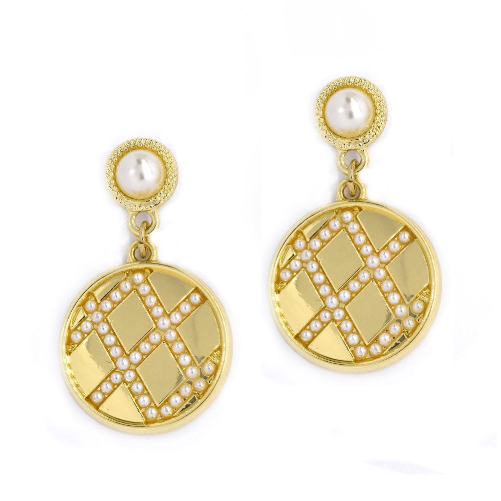 Gold pearl patterned drop fashion earring - YE4417