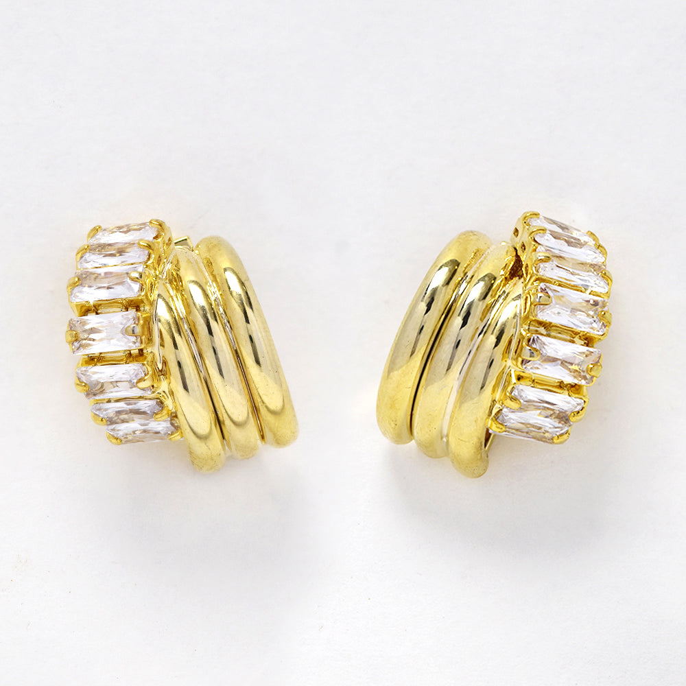 Gold plated baguette crystal and 3 row half hoop stud fashion earrings - YE5066