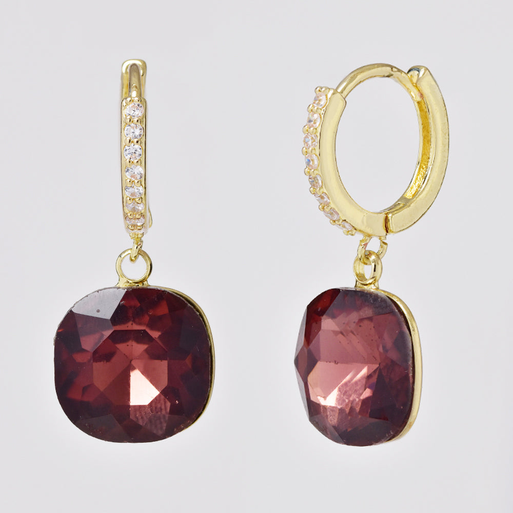 Gold plated clear and burgundy hoop drop fashion earrings - YE5089