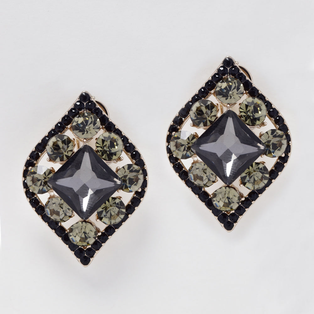 Silver and black plated French retro clip pin diamond shaped center crystal fashion earrings - YE5091