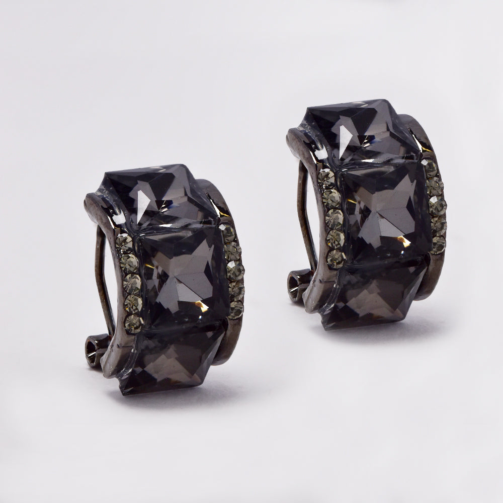 Dark silver plated smoky square and clear rhinestone hoop pin clip earrings - YE5093