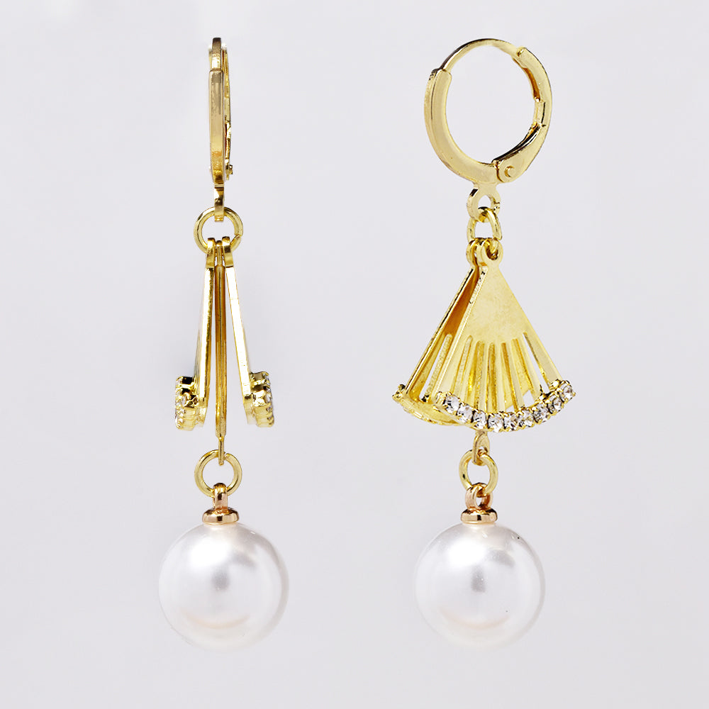 Gold plated fan shape and faux pearl drop fashion earrings - YE5101