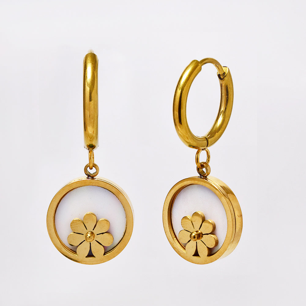 Stainless steel flower and MOP disc drop earrings - SSYE5133