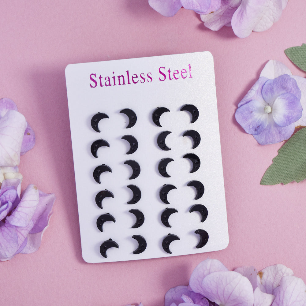 Stainless steel black half moon studs 12pk