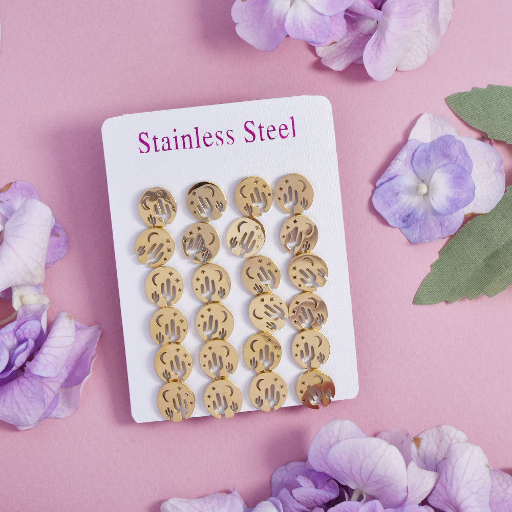 Stainless steel gold cactus circle studs 12pk