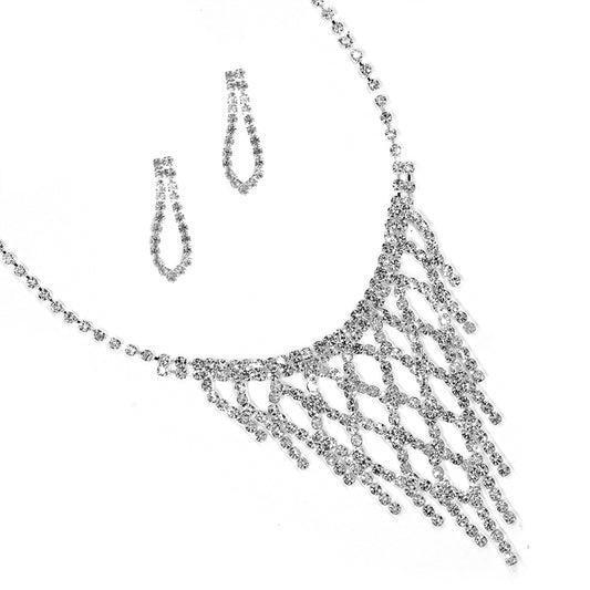 Crystal V tiered diamond silver plated necklace and earring set