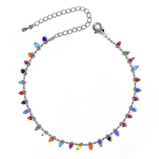 Silver plated multi colour beaded anklet