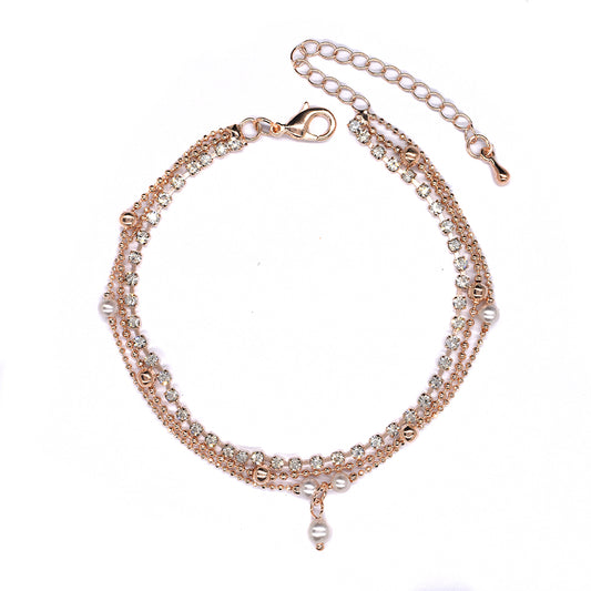 Multi layer crystal and pearl gold plated ankle chain