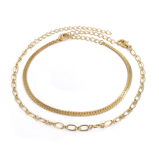 Gold plated curb and oval link anklet set
