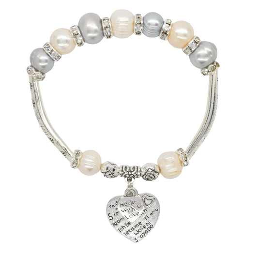 Freshwater Pearl Engraved Heart  charm Bracelet