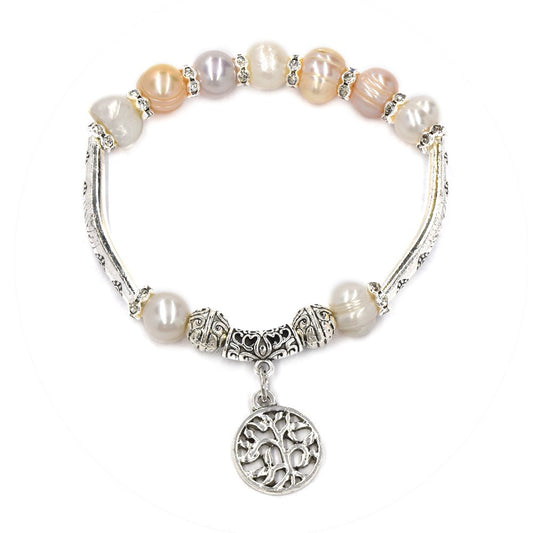 Freshwater pearl stretch tree of life charm bracelet