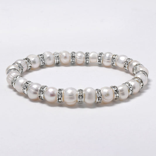 White 8mm freshwater pearl with crystal stretch bracelet