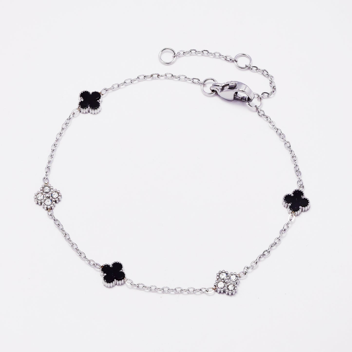 SSYB7802 - Steel 17cm + 3cm CZ & enamel four-leaf clover bracelet