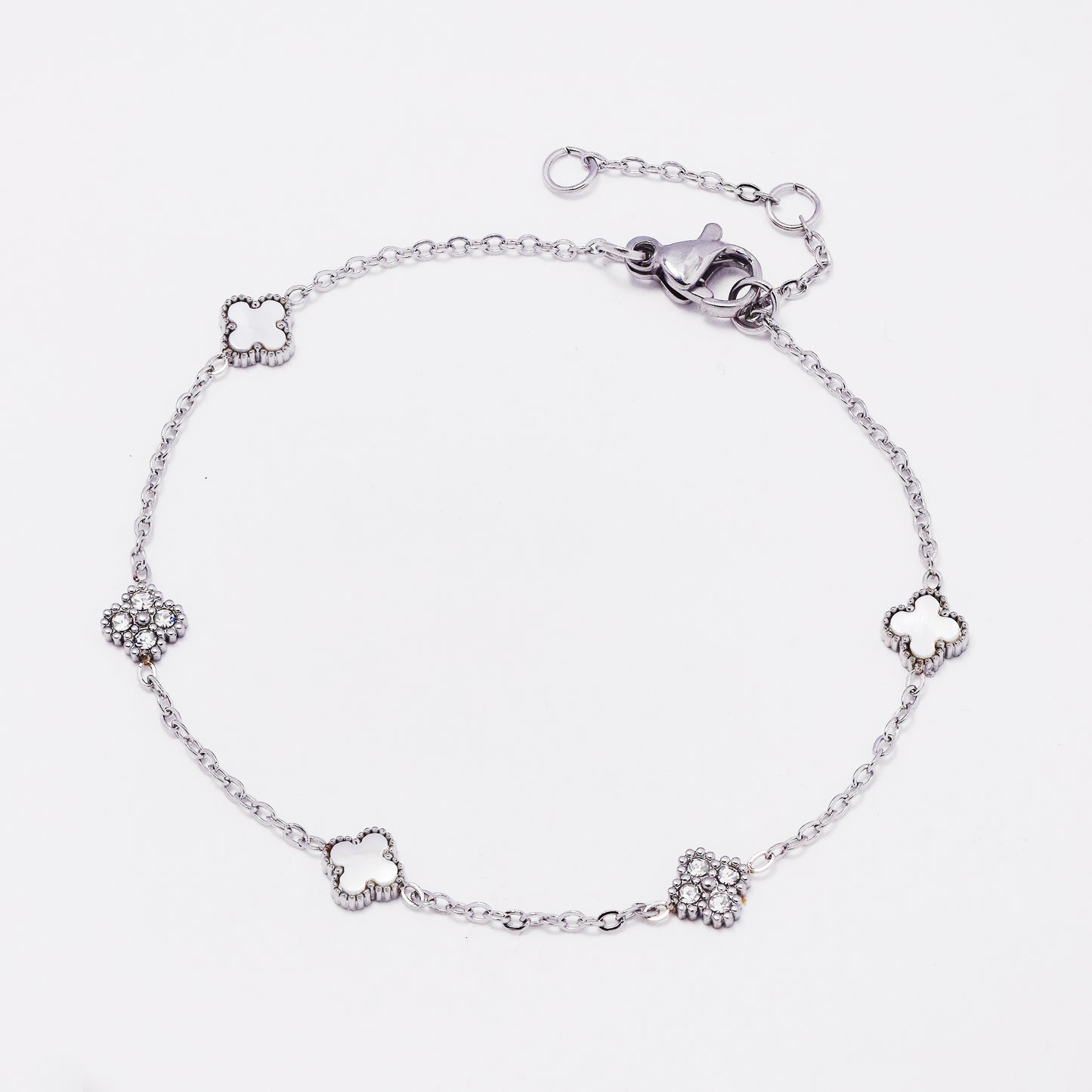 SSYB7802 - Steel 17cm + 3cm CZ & enamel four-leaf clover bracelet