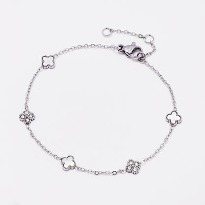 SSYB7802 - Steel 17cm + 3cm CZ & enamel four-leaf clover bracelet